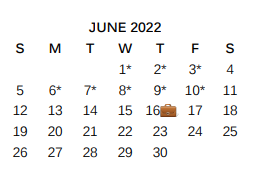 District School Academic Calendar for Bexar Co J J A E P for June 2022