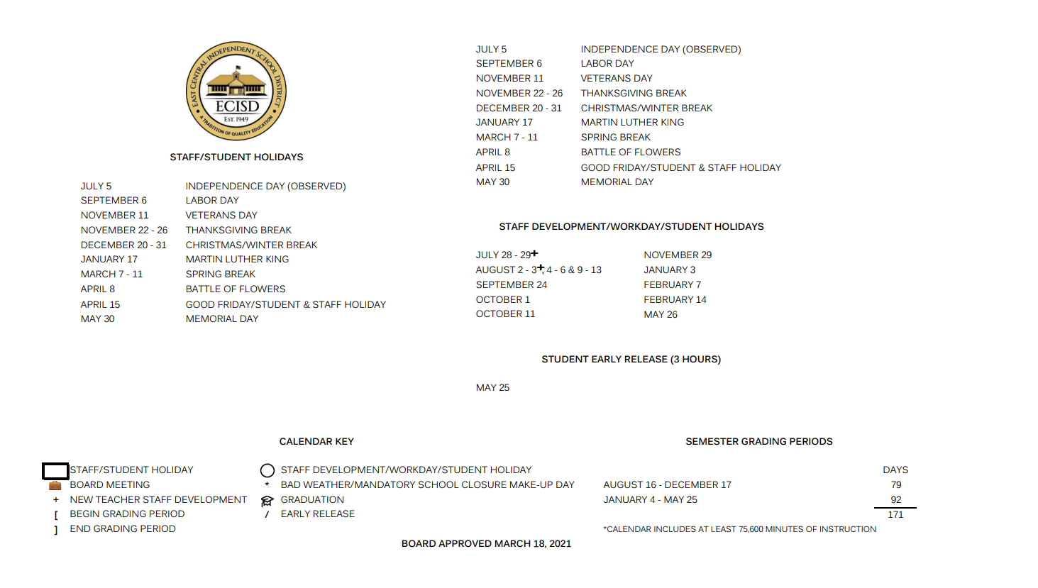 District School Academic Calendar Key for Legacy Middle School