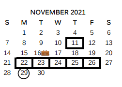 District School Academic Calendar for Student Adjustment Ctr for November 2021