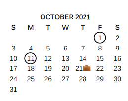 District School Academic Calendar for Student Adjustment Ctr for October 2021