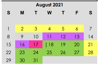 District School Academic Calendar for Adaptive Behavior for August 2021