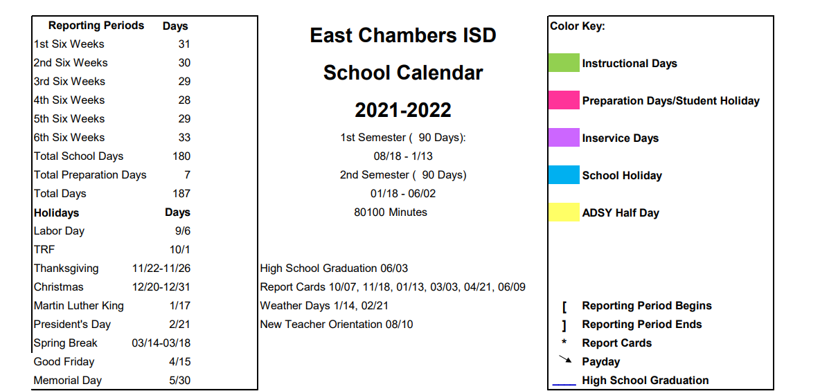 District School Academic Calendar Key for East Chambers Junior High