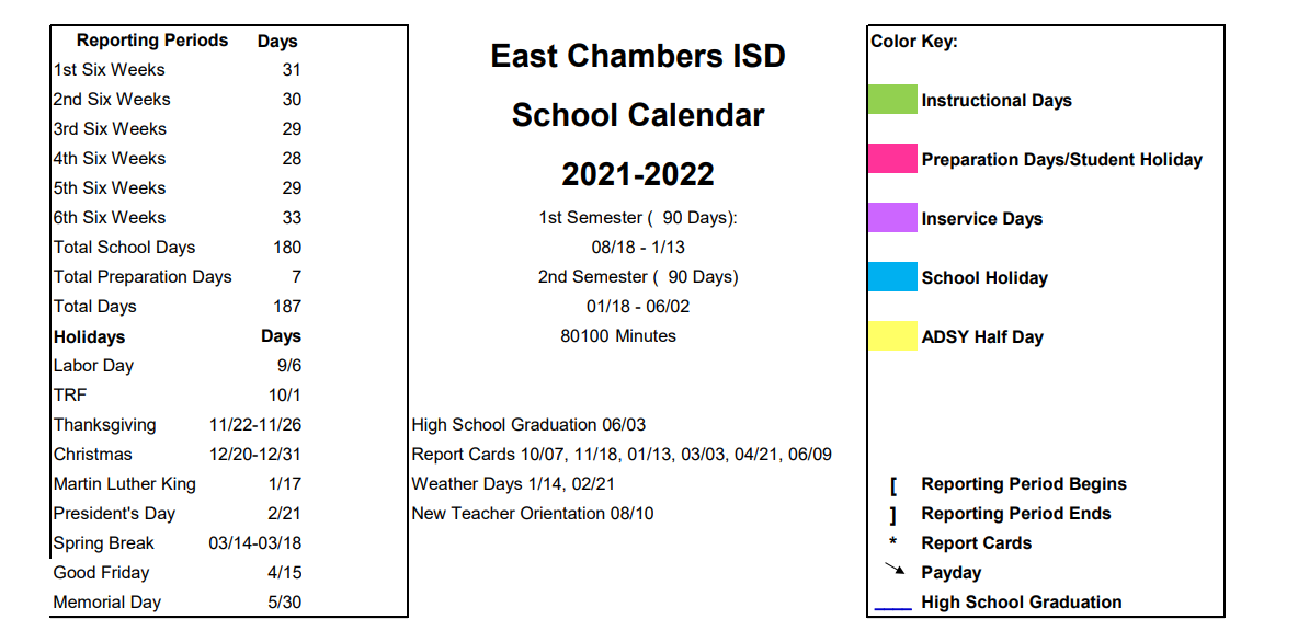 District School Academic Calendar Key for Adaptive Behavior