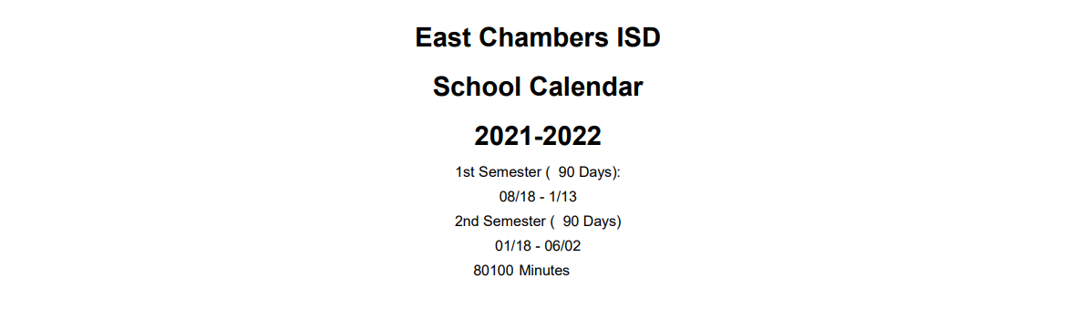District School Academic Calendar for East Chambers Elementary