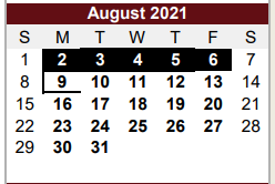 District School Academic Calendar for Van Zandt Ssa for August 2021