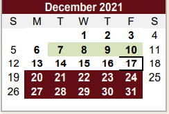 District School Academic Calendar for Bexar Co J J A E P for December 2021