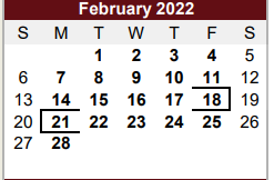 District School Academic Calendar for Bexar Co J J A E P for February 2022