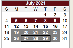 District School Academic Calendar for Alternative Center for July 2021