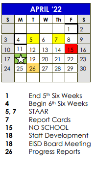 District School Academic Calendar for Edna High School for April 2022