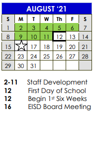 District School Academic Calendar for Austin Elementary for August 2021