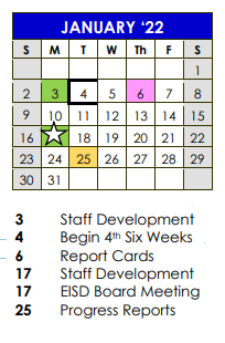 District School Academic Calendar for Austin Elementary for January 2022