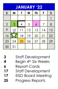 District School Academic Calendar for Carver Elementary for January 2022