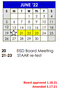 District School Academic Calendar for Edna High School for June 2022