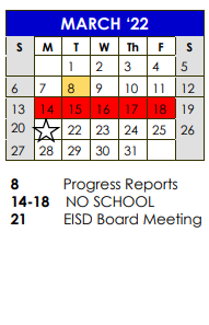 District School Academic Calendar for Meadie Pumphrey Junior High School for March 2022