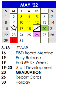 District School Academic Calendar for Meadie Pumphrey Junior High School for May 2022