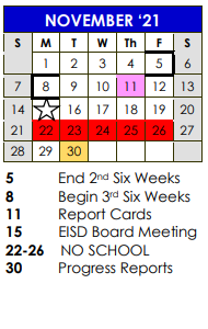 District School Academic Calendar for Edna High School for November 2021