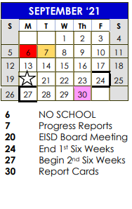 District School Academic Calendar for Carver Elementary for September 2021