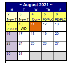 District School Academic Calendar for Myatt El for August 2021