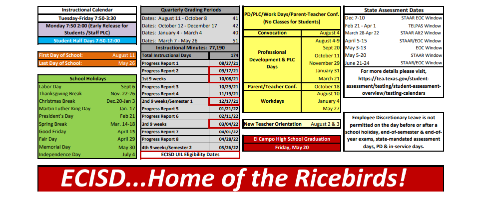 El Campo Middle - School District Instructional Calendar - El Campo Isd -  2021-2022