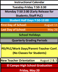 District School Academic Calendar Legend for Myatt El