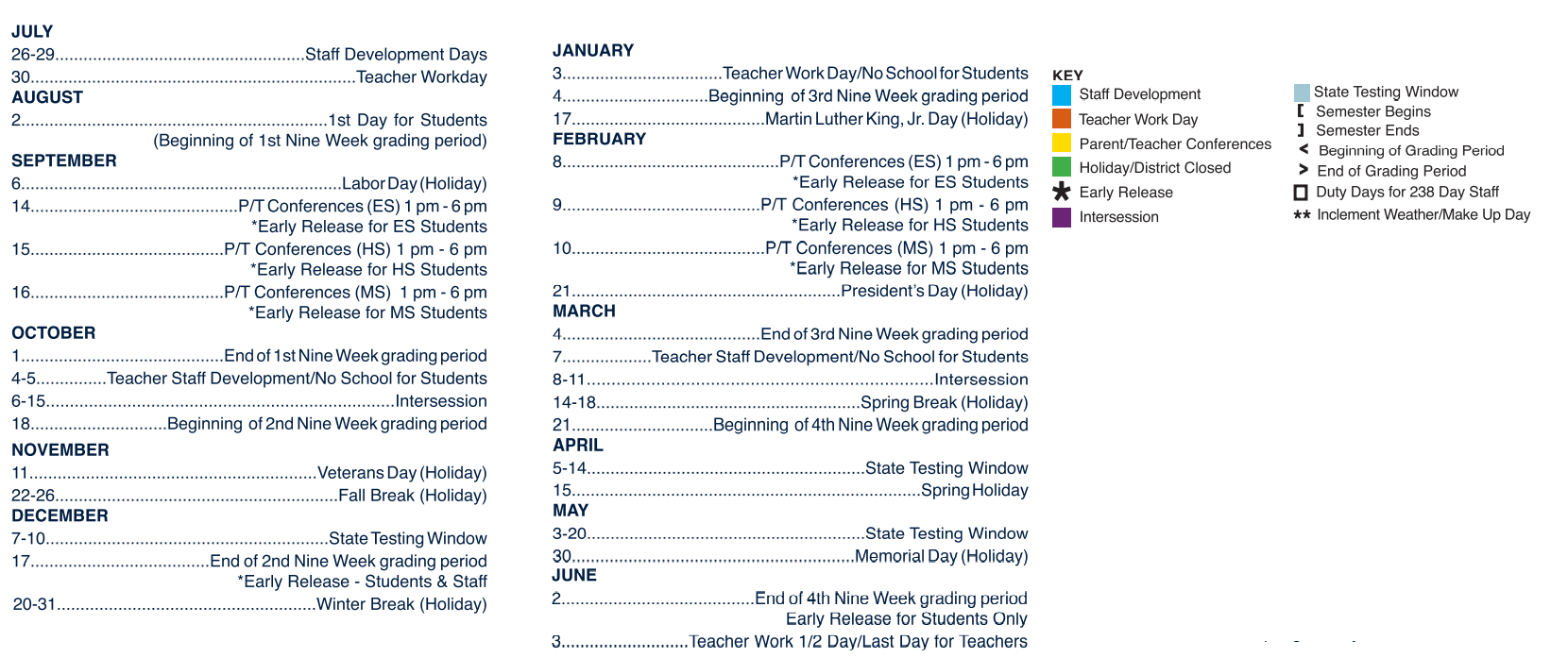 District School Academic Calendar Key for Cooley Elementary