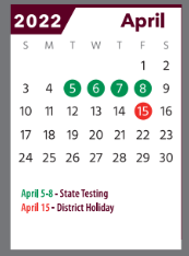 District School Academic Calendar for Travis Elementary for April 2022