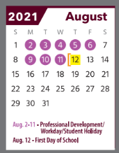 District School Academic Calendar for Early Childhood Center for August 2021