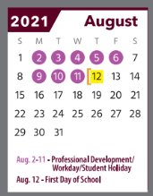 District School Academic Calendar for Houston Elementary for August 2021