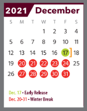 District School Academic Calendar for 6th Grade Center for December 2021
