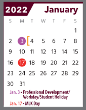 District School Academic Calendar for Early Childhood Center for January 2022