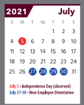 District School Academic Calendar for 6th Grade Center for July 2021