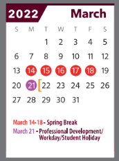 District School Academic Calendar for 6th Grade Center for March 2022