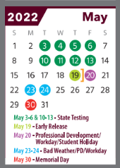 District School Academic Calendar for Early Childhood Center for May 2022