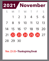 District School Academic Calendar for 6th Grade Center for November 2021