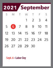 District School Academic Calendar for 6th Grade Center for September 2021