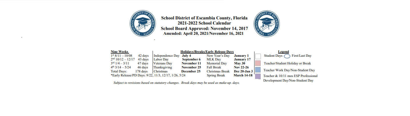 District School Academic Calendar Key for Hospital & Homebound