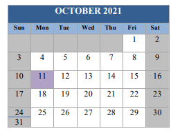 District School Academic Calendar for Hospital & Homebound for October 2021