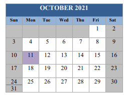 District School Academic Calendar for Jackie Harris Preparatory Academy for October 2021