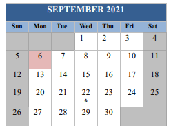 District School Academic Calendar for Hospital & Homebound for September 2021