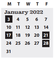 District School Academic Calendar for Corridor Elementary School for January 2022