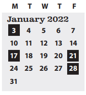 District School Academic Calendar for Parker Elementary School for January 2022