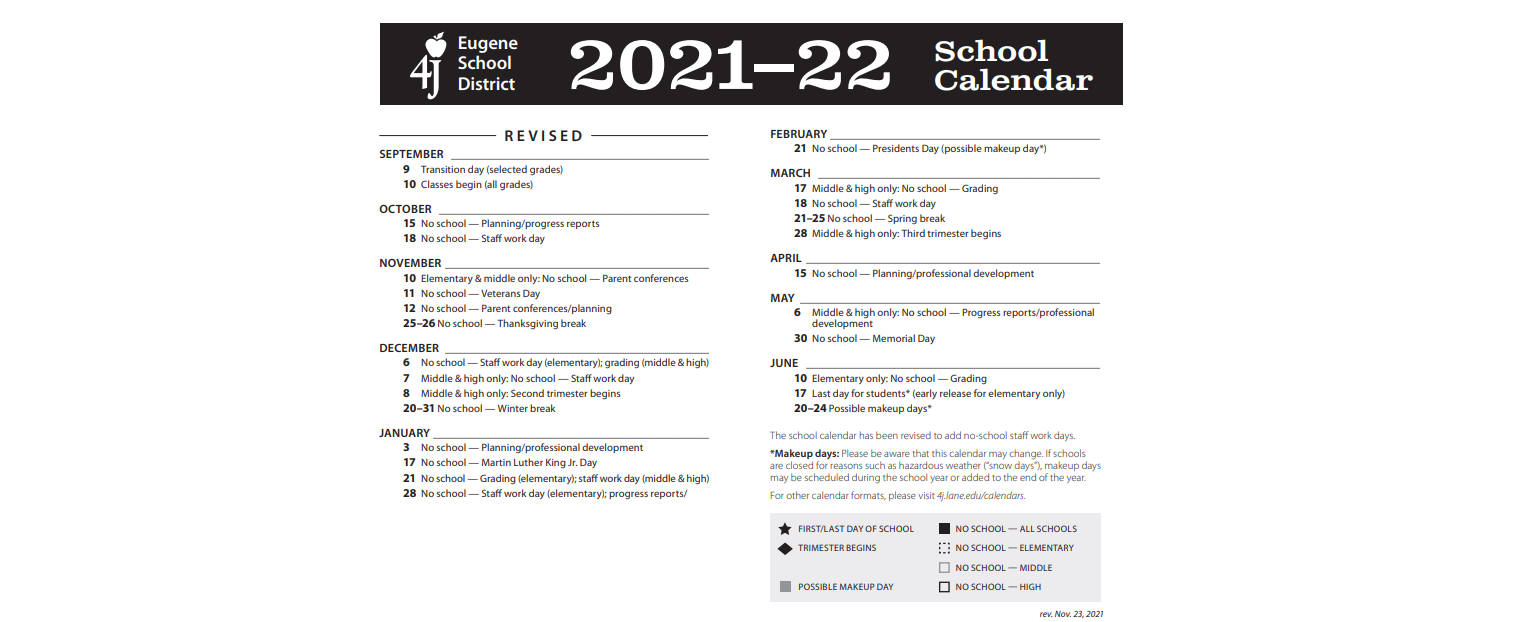 District School Academic Calendar Key for North Eugene Alternative High School