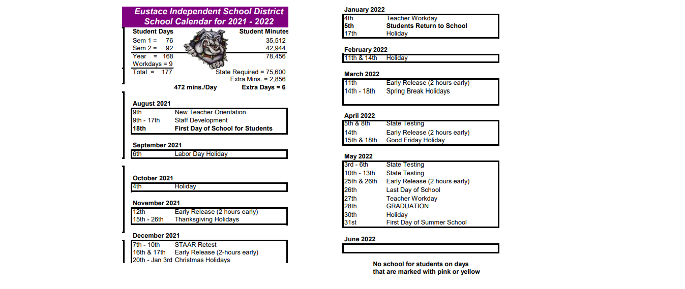 District School Academic Calendar Key for Eustace High School