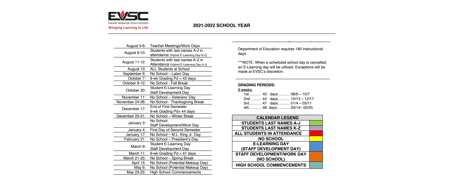 District School Academic Calendar Key for The Learning Center