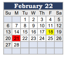 District School Academic Calendar for E Ray Elementary for February 2022