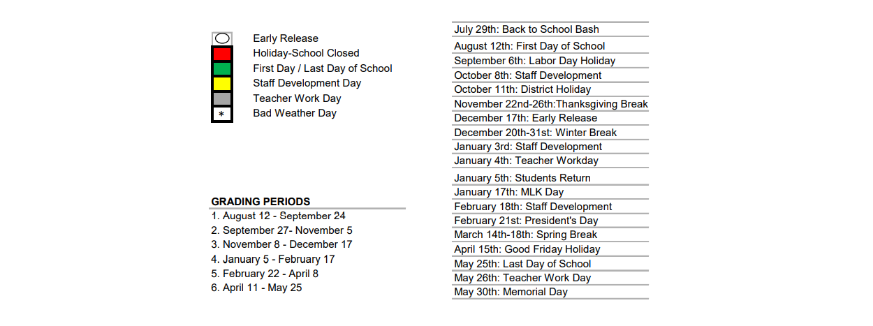 District School Academic Calendar Key for E Ray Elementary