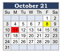 District School Academic Calendar for Tarrant County Jjaep School for October 2021