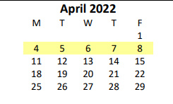 District School Academic Calendar for Bluegrass Assessment Center for April 2022