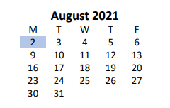 District School Academic Calendar for Cardinal Valley Elementary School for August 2021