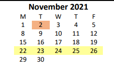 District School Academic Calendar for Alternative Placement for November 2021